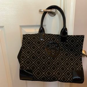 Tory Burch Black Tote with White Diamond Pattern